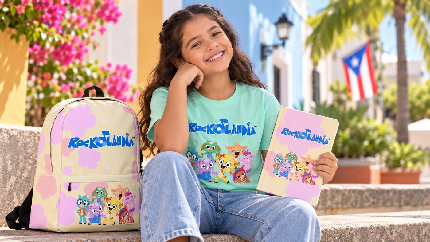 A girl on the steps of Old San Juan with the ROCKOLANDIA backpack and flower journal