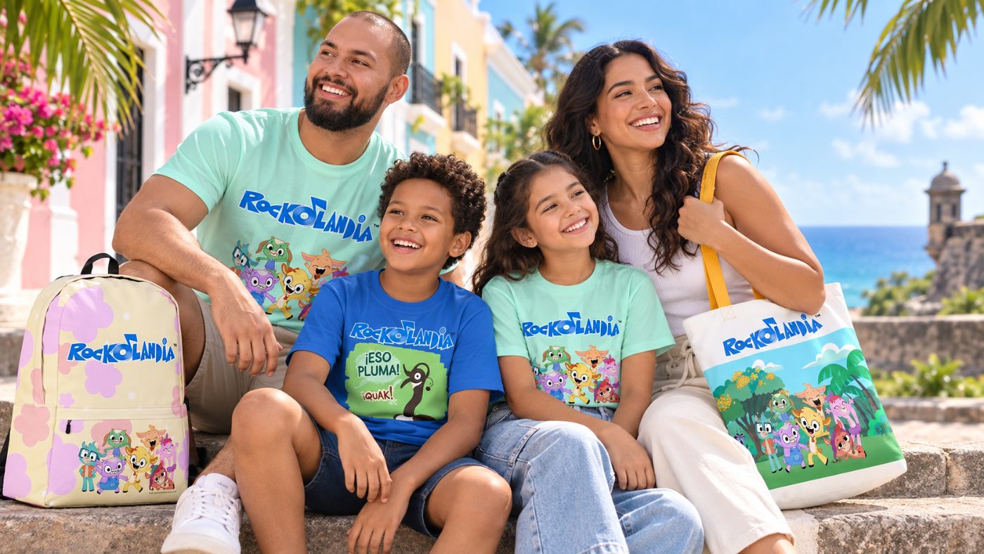 A family in Old San Juan wearing ROCKOLANDIA tees with the backpack and tote bag