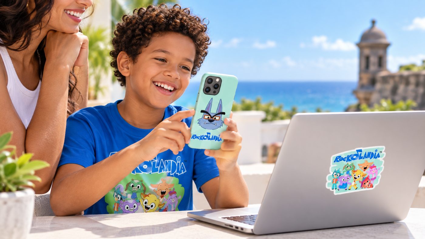 A boy with the Lobo phone case and a ROCKOLANDIA laptop sticker